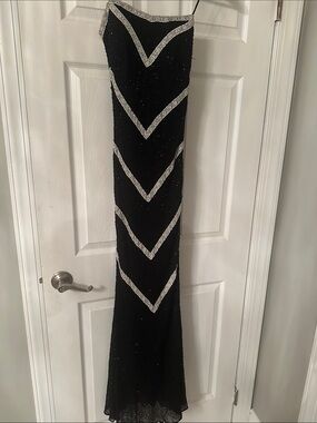 Cache Black Evening Gown with Silver Beaded Trim